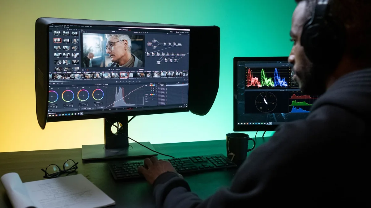 İki monitörde video ve renk grafiklerini inceleyen kişi