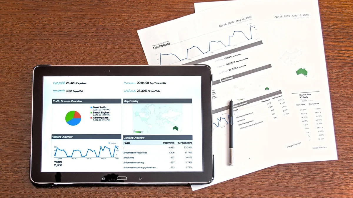 Tablet ekranındaki analitik paneli ve yanında basılı grafikler