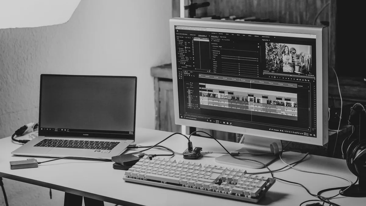 İki ekranda video kurgu yazılımı açık çalışma masası